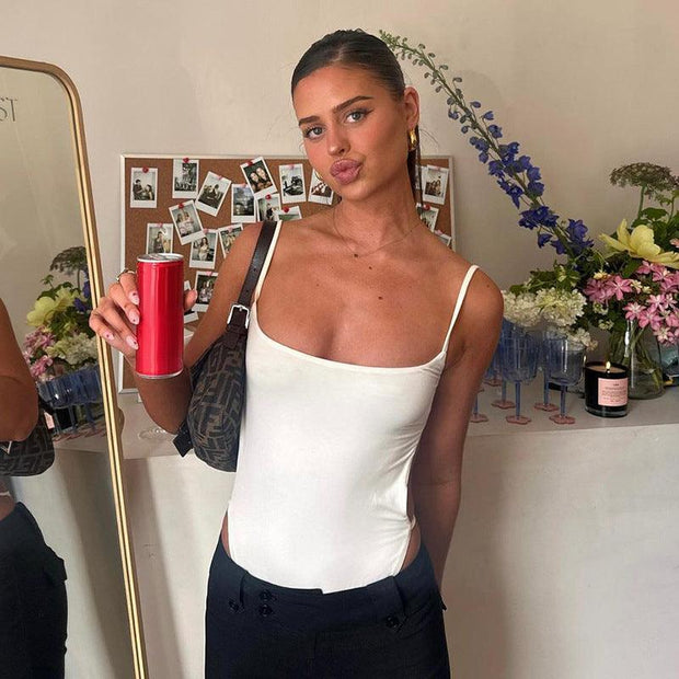New Women's Solid Color High-elastic Low Collar Sling Backless Tight American One-piece Vest - Deck Em Up