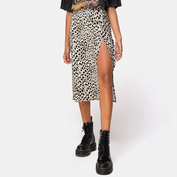 European And American Leopard Print Long Skirt High Waist Slit Hip Skirt - Deck Em Up