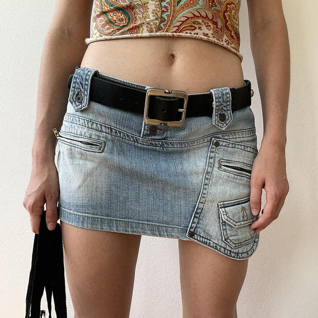 American Street Style Asymmetric Pocket Design Low Waist Denim Skirt - Deck Em Up