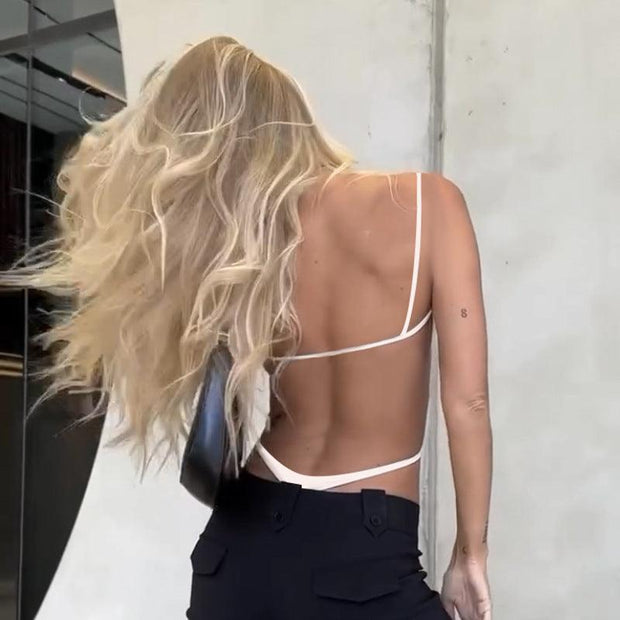 New Women's Solid Color High-elastic Low Collar Sling Backless Tight American One-piece Vest - Deck Em Up