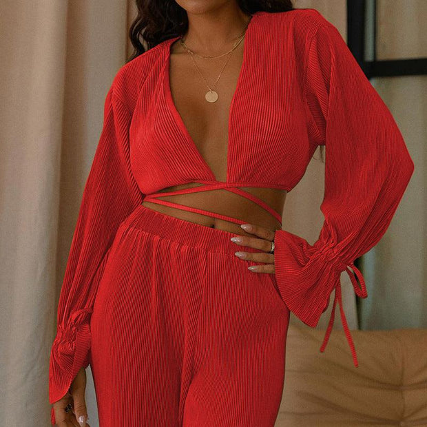 Women's V-Neck Fashion Casual Set Clothing - Deck Em Up