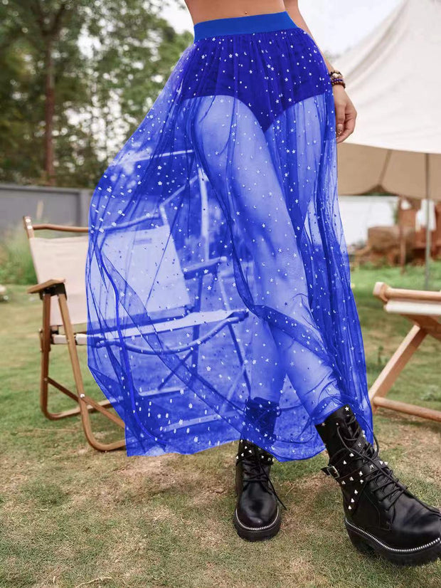 Sexy Women's See-through Pleated Skirt Lace Mesh High Waist Skirt - Deck Em Up