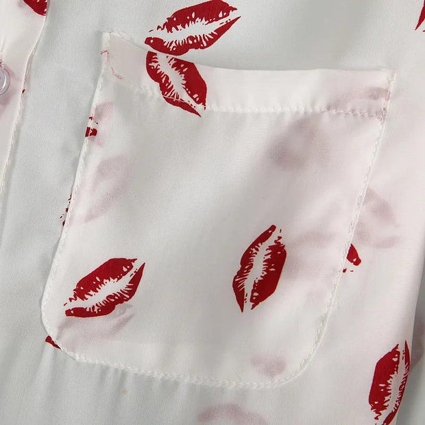 New Fashion Retro Women Sexy Red Lips Prints Chiffon Blouse Ladies Elegant Long Sleeve Shirts Casual Tops White Black Blusa - Deck Em Up