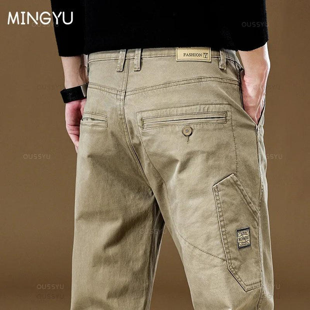 MINGYU Brand New Men's Khaki Cargo Pants 97%Cotton Thick Solid Color Work Wear Casual Pant Korean Classic Jogger Trousers Male - Deck Em Up