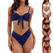 Juniors Bikini Set for Summer Solid V Neck Knot Front Push Up High Leg Thong Two Piece Swimsuit Womens Bikini Wrap Bathing Suits - Deck Em Up