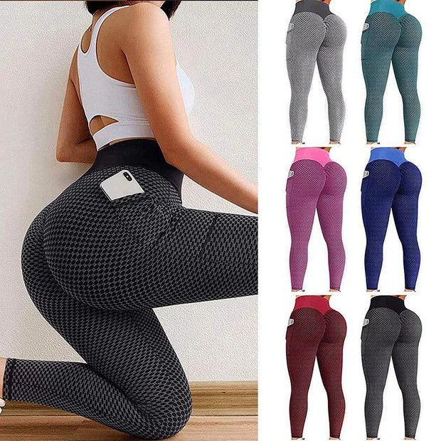 Women Plus Size Pocket Yoga Pants High Waist Elastic Push Up Fitness Sports Leggings Girls Gym Workout Honeycomb Sweatpants - Deck Em Up