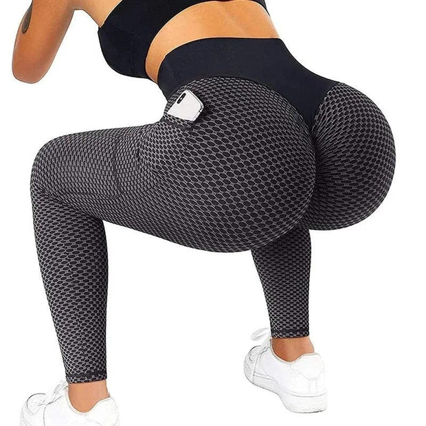 Women Plus Size Pocket Yoga Pants High Waist Elastic Push Up Fitness Sports Leggings Girls Gym Workout Honeycomb Sweatpants - Deck Em Up