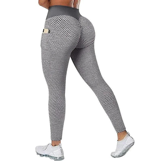 Women Plus Size Pocket Yoga Pants High Waist Elastic Push Up Fitness Sports Leggings Girls Gym Workout Honeycomb Sweatpants - Deck Em Up