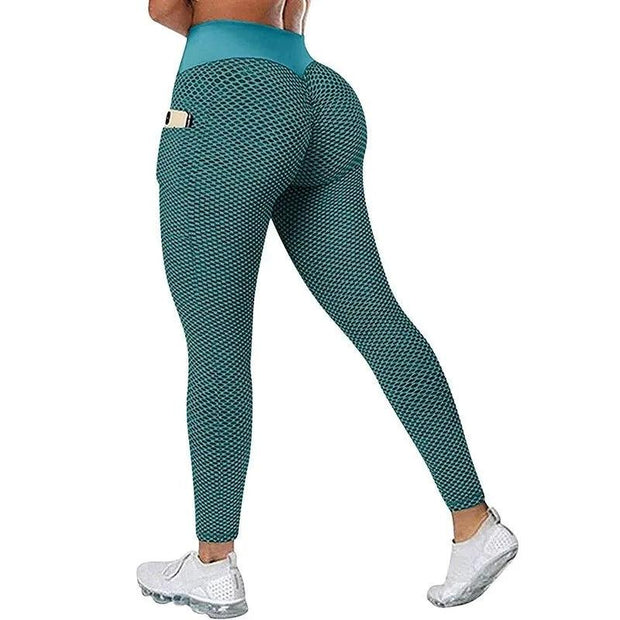 Women Plus Size Pocket Yoga Pants High Waist Elastic Push Up Fitness Sports Leggings Girls Gym Workout Honeycomb Sweatpants - Deck Em Up