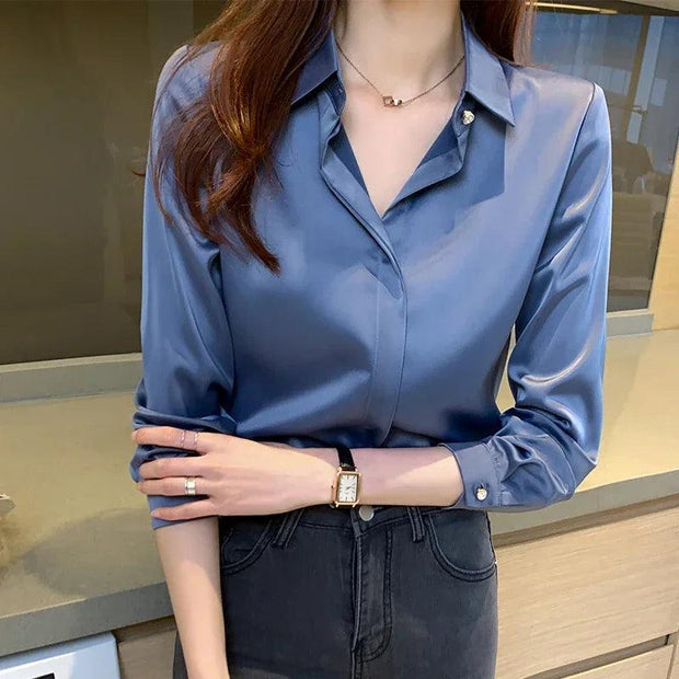 Silk Shirts Women Long Sleeve Shirts Blouses for Women Satin Clothing Office Lady Solid Silk Shirt Blouse Tops 17276 - Deck Em Up