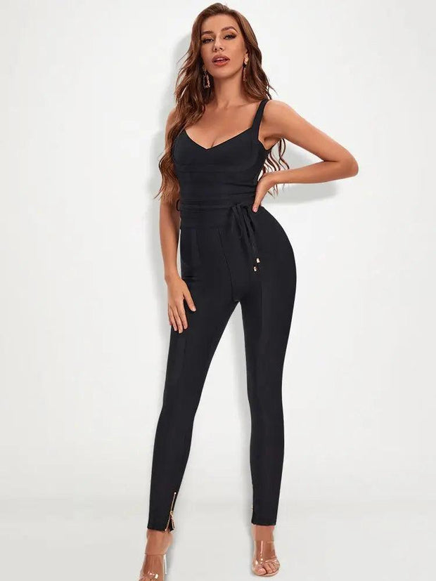 BEAUKEY Summer Women Sexy Full Length Black Bandage Bodycon Jumpsuits Top Quality Belt Skinny Elastic V Spaghetti Jumpsuits XL - Deck Em Up