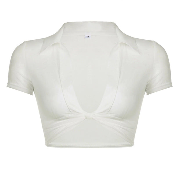 Womens See-Through Deep V Neck Shirt Knot Front Short Sleeve Crop Top Turn-Down Collar Slim Fit Shirts Beach Bikini Cover Ups - Deck Em Up