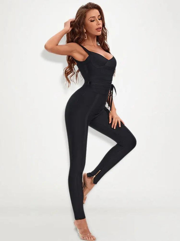 BEAUKEY Summer Women Sexy Full Length Black Bandage Bodycon Jumpsuits Top Quality Belt Skinny Elastic V Spaghetti Jumpsuits XL - Deck Em Up