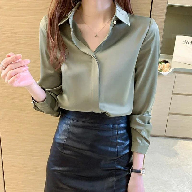 Silk Shirts Women Long Sleeve Shirts Blouses for Women Satin Clothing Office Lady Solid Silk Shirt Blouse Tops 17276 - Deck Em Up
