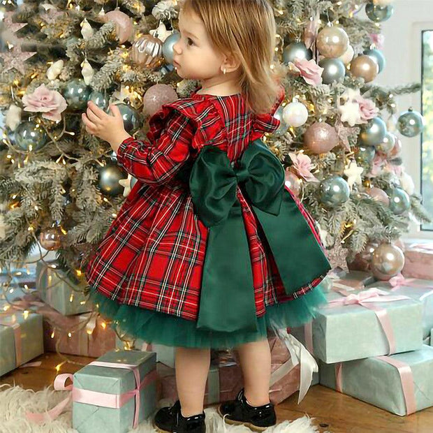 Girls Kids Red Checkered Bow Christmas Dress - Deck Em Up