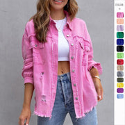 Fashion Ripped Shirt Jacket Female Autumn And Spring Casual Tops Womens Clothing - Deck Em Up