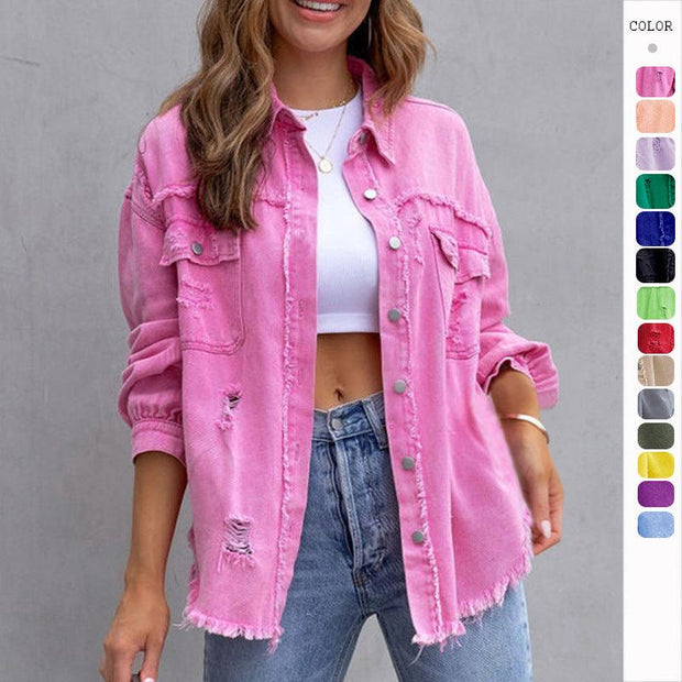 Fashion Ripped Shirt Jacket Female Autumn And Spring Casual Tops Womens Clothing - Deck Em Up