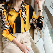 Westernstyle Allmatch Color Contrast Leopard Print Long Sleeved Chiffon Shirt Womens Top - Deck Em Up