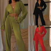Women's V-Neck Fashion Casual Set Clothing - Deck Em Up