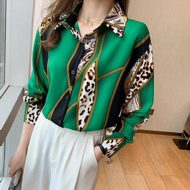 Westernstyle Allmatch Color Contrast Leopard Print Long Sleeved Chiffon Shirt Womens Top - Deck Em Up