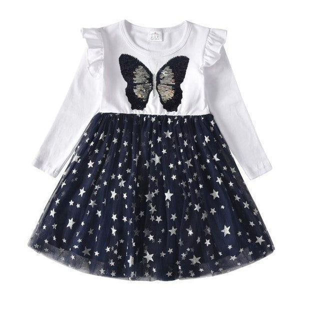 New 3-8 Girls Dress Butterfly Kids Long Sleeve Dresses Baby - Deck Em Up