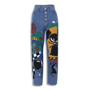 Womens Cartoon Printed Jeans Harem Pants Trousers For Women - Deck Em Up