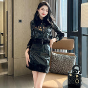 Autumn And Winter Clothing New Fashion Short Leather Coat Sheath Skirt Two-piece Set - Deck Em Up