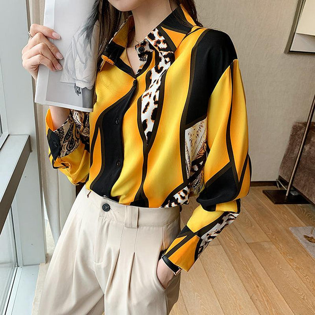 Westernstyle Allmatch Color Contrast Leopard Print Long Sleeved Chiffon Shirt Womens Top - Deck Em Up
