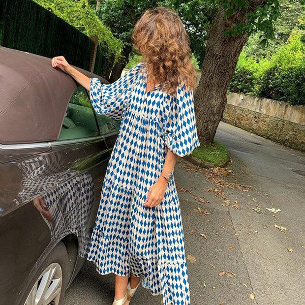 Summer Women's Vintage Printed Bohemian Dress Elegant Ladies Casual Loose V-Neck Short Sleeve Long Dresses - Deck Em Up