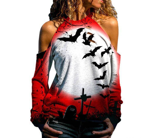 Halloween Off Shoulder Printed Top Womens Casual Loose Stitching Long Sleeved T Shirt - Deck Em Up