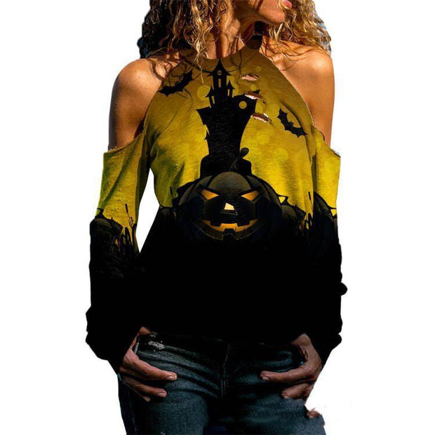 Halloween Off Shoulder Printed Top Womens Casual Loose Stitching Long Sleeved T Shirt - Deck Em Up